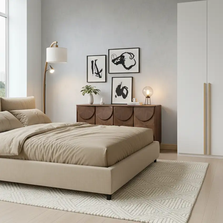 Góc phòng ngủ Japandi có ánh sáng tự nhiên, hiển thị tủ sideboard thấp với các cánh tủ có họa tiết lượn sóng 3D.