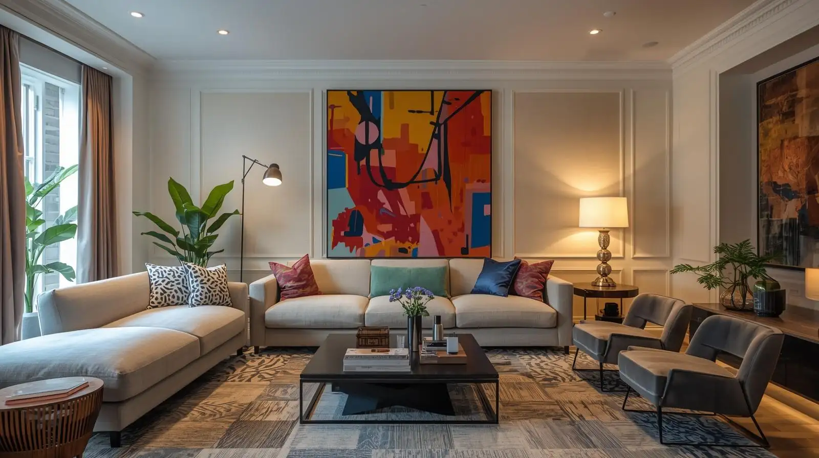 phòng khách trang trí theo trend nhưng thiếu hài hòa: sofa quá lớn so với phòng, tranh treo tường quá nổi bật, decor nhiều màu, tổng thể bị rối và mất cân đối.