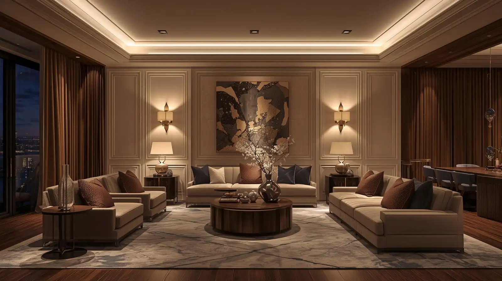 phòng khách hiện đại sử dụng 3 lớp sáng: đèn trần ánh sáng tổng, đèn hắt tường làm điểm nhấn