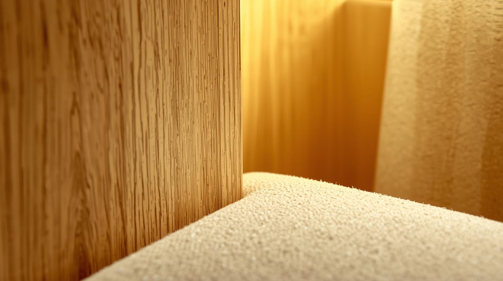 Ảnh cận cảnh chất liệu nội thất phong cách Warm Minimalism. Vân gỗ sồi tự nhiên sơn mờ, bề mặt mịn, vải bouclé màu kem với kết cấu sợi rõ nét, ánh sáng vàng ấm, độ sâu trường ảnh thấp. Ảnh nội thất chân thực,