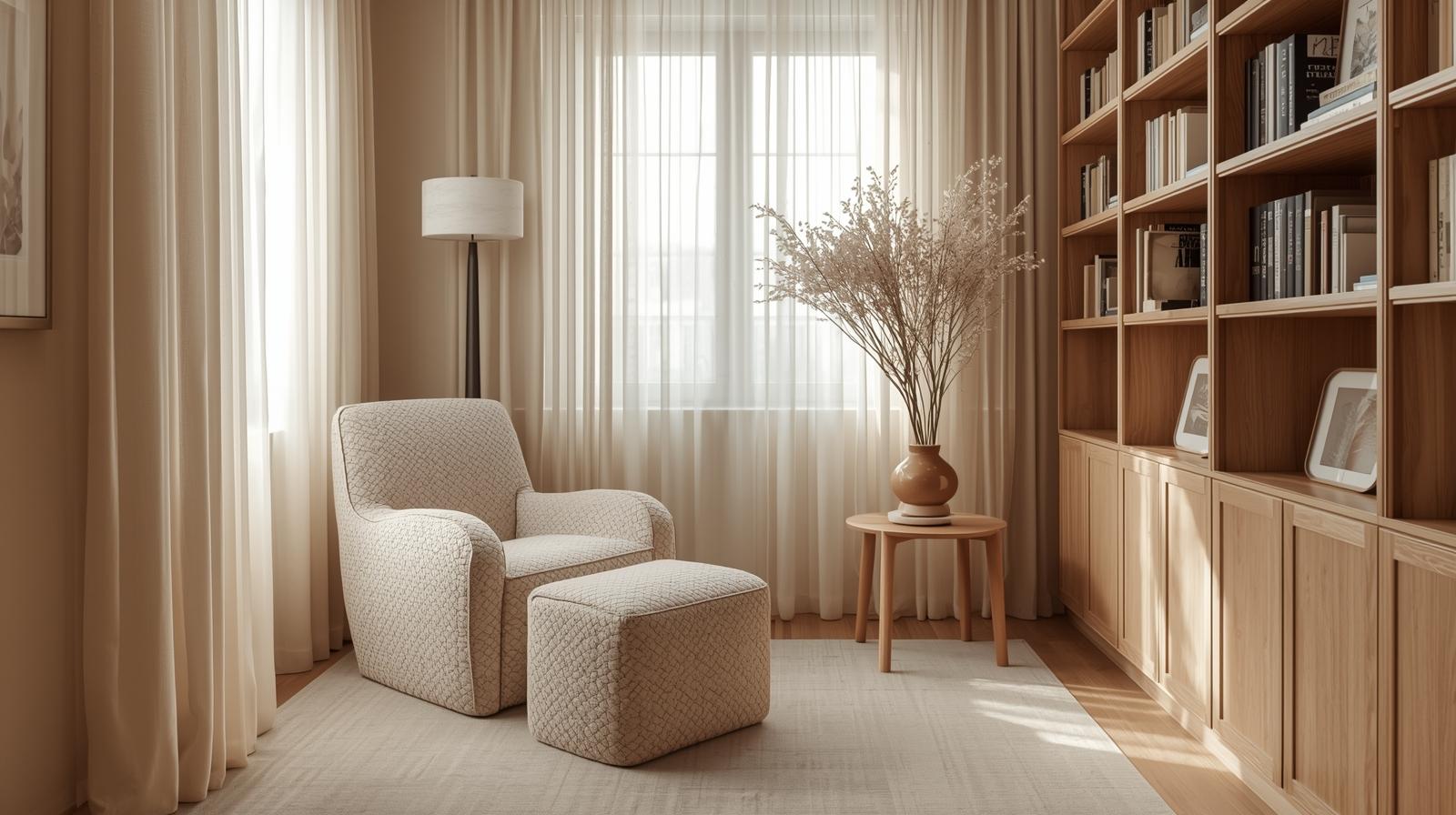 Góc đọc sách yên tĩnh phong cách Warm Minimalism. Ghế bọc vải bouclé, kệ sách gỗ sồi, ánh nắng nhẹ xuyên qua rèm mỏng, bảng màu trung tính ấm, trang trí tối giản. Ảnh nội thất chân thực, cảm giác sống chậm, c