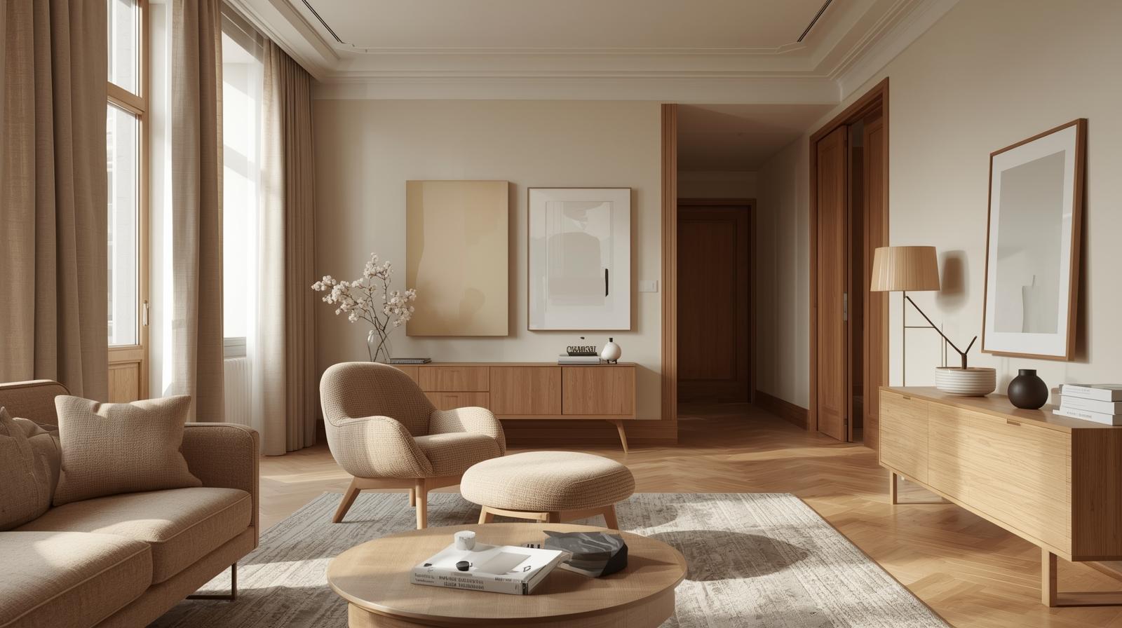 Không gian phòng khách căn hộ hiện đại phong cách Warm Minimalism, bố cục gọn gàng, nội thất gỗ sồi, hình khối bo tròn, ghế thư giãn bọc vải bouclé, bảng màu trung tính ấm, ánh sáng gián tiếp dịu nhẹ. Ảnh chụ