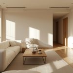 Phòng khách căn hộ hiện đại phong cách Warm Minimalism là gì, ánh sáng tự nhiên buổi sáng dịu nhẹ, sàn gỗ sồi sáng màu, sofa bọc vải bouclé màu trắng kem với đường nét bo tròn, bàn trà gỗ sồi thiết kế tối giản, tườ