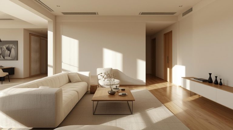 Phòng khách căn hộ hiện đại phong cách Warm Minimalism là gì, ánh sáng tự nhiên buổi sáng dịu nhẹ, sàn gỗ sồi sáng màu, sofa bọc vải bouclé màu trắng kem với đường nét bo tròn, bàn trà gỗ sồi thiết kế tối giản, tườ