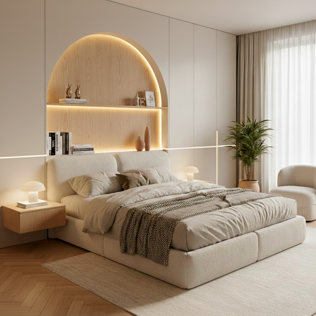 kết hợp giữa vải Bouclé và gỗ sồi là lựa chọn tiêu biểu cho phong cách Warm Minimalism 2026