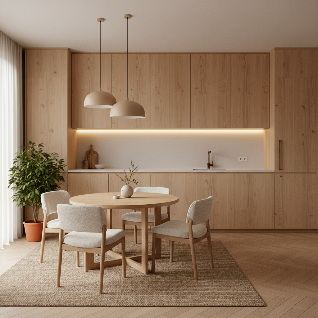 kết hợp giữa vải Bouclé và gỗ sồi là lựa chọn tiêu biểu cho phong cách Warm Minimalism 2026