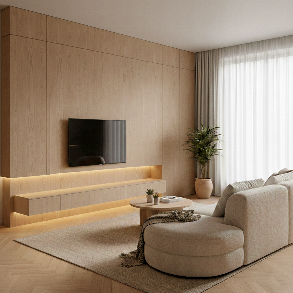 kết hợp giữa vải Bouclé và gỗ sồi là lựa chọn tiêu biểu cho phong cách Warm Minimalism 2026