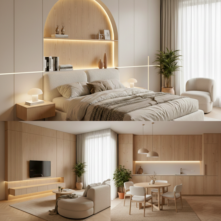 kết hợp giữa vải Bouclé và gỗ sồi là lựa chọn tiêu biểu cho phong cách Warm Minimalism 2026