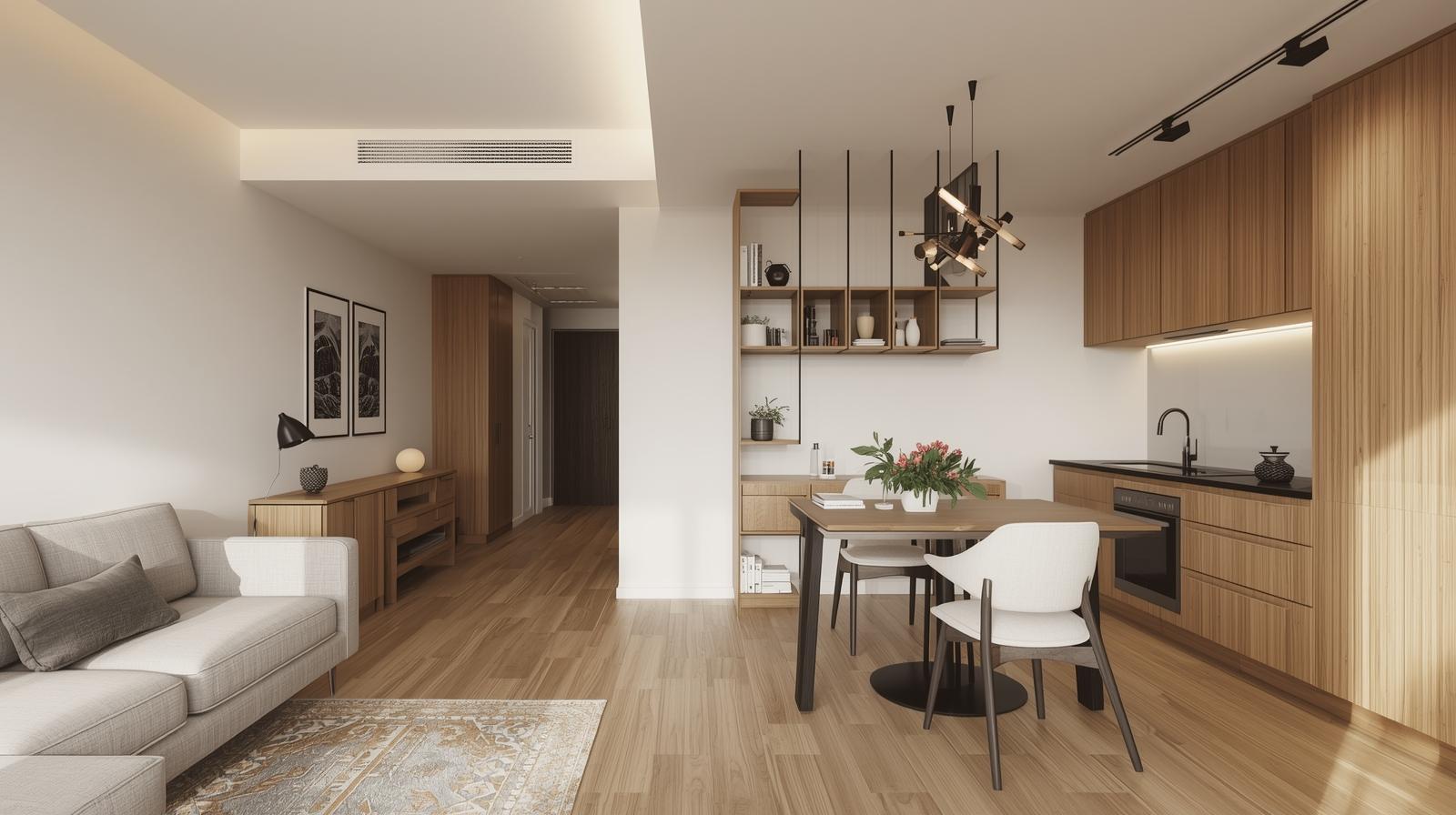 một phòng khách phía trước thông với phòng bếp nhỏ ở chung cư 2 phòng ngủ cao tầng tại hà nội phong cách japandi, scandinavian được Signature Style nhưng vẫn giữ được sự tinh tế và tối giản. chân thực với