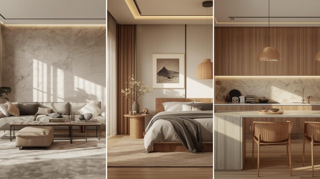 hình đại diện cho 3 hình vừa vẽ phòng khách, phòng ngủ, phòng bếp nội thất theo phong cách Japandi & Soft Scandinavian ánh sáng ấm, chân thực về vật liệu (Đá Travertine, Gỗ sồi (Oak) & Mây tre (Rattan)