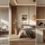 hình đại diện cho 3 hình vừa vẽ phòng khách, phòng ngủ, phòng bếp nội thất theo phong cách Japandi & Soft Scandinavian ánh sáng ấm, chân thực về vật liệu (Đá Travertine, Gỗ sồi (Oak) & Mây tre (Rattan)