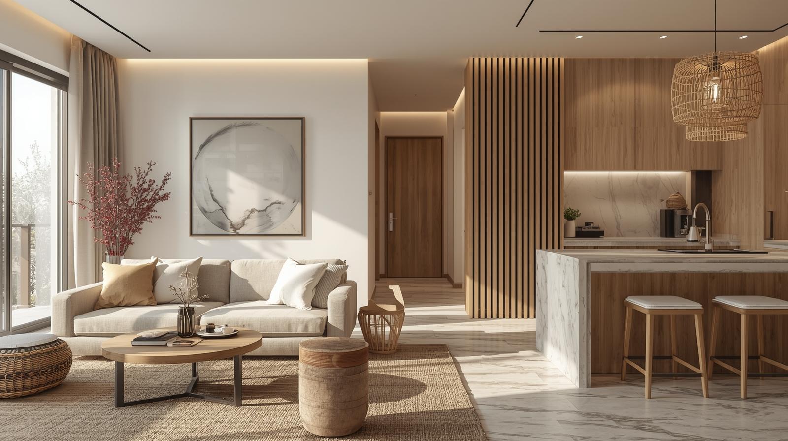 hình đại diện cho 3 hình vừa vẽ phòng khách, phòng ngủ, phòng bếp nội thất theo phong cách Japandi & Soft Scandinavian ánh sáng ấm, chân thực về vật liệu (Đá Travertine, Gỗ sồi (Oak) & Mây tre (Rattan))