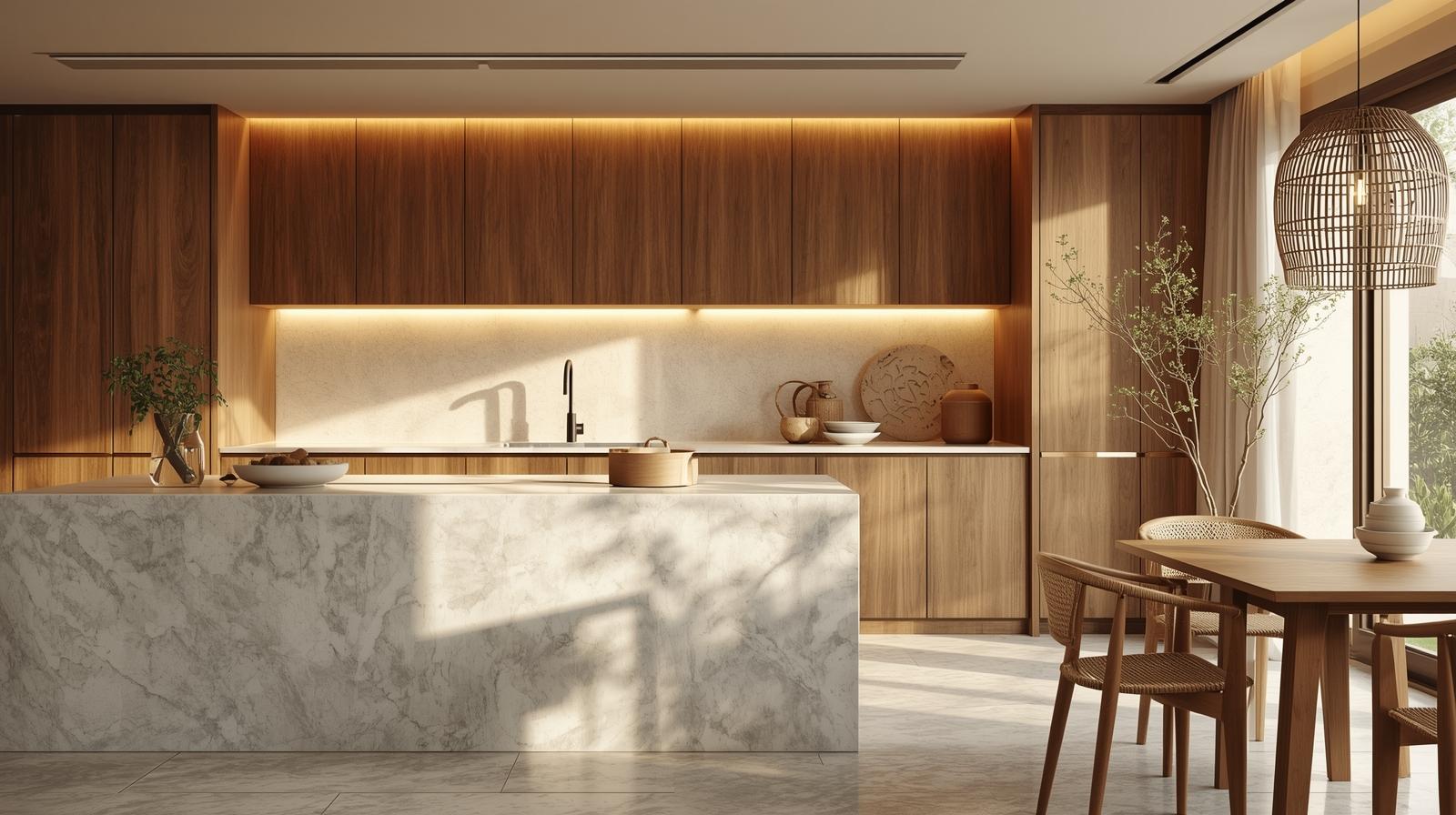 phòng bếp nội thất theo phong cách Japandi & Soft Scandinavian ánh sáng ấm, chân thực về vật liệu (Đá Travertine, Gỗ sồi (Oak) & Mây tre (Rattan)) 