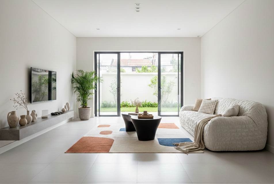 Bàn trà Pebble Giao Thoa Ánh Sáng & Chất Liệu" hoặc "Hồn Gỗ Trong Không Gian Việt