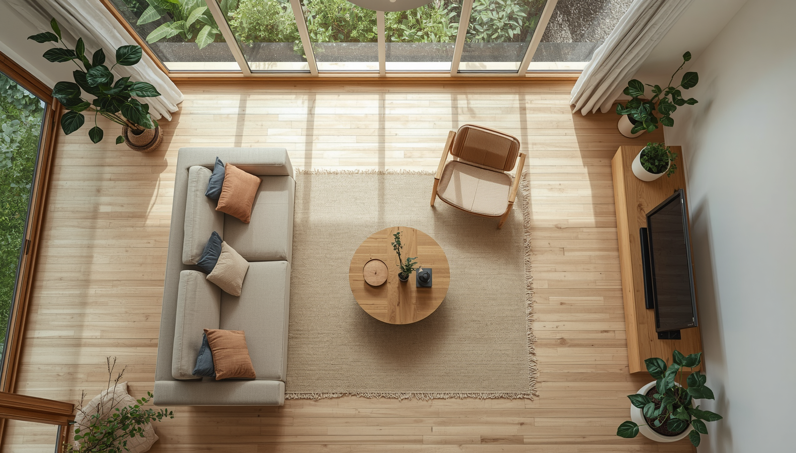 Không gian phòng khách Organic Modern đỉnh cao với sofa bo cong mềm mại và vật liệu tự nhiên