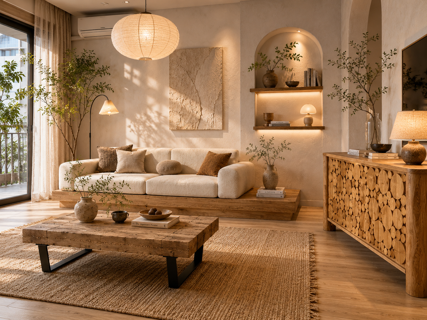 Tổng thể không gian phòng khách thiết kế theo phong cách nội thất Wabi Sabi tinh tế hoài niệm