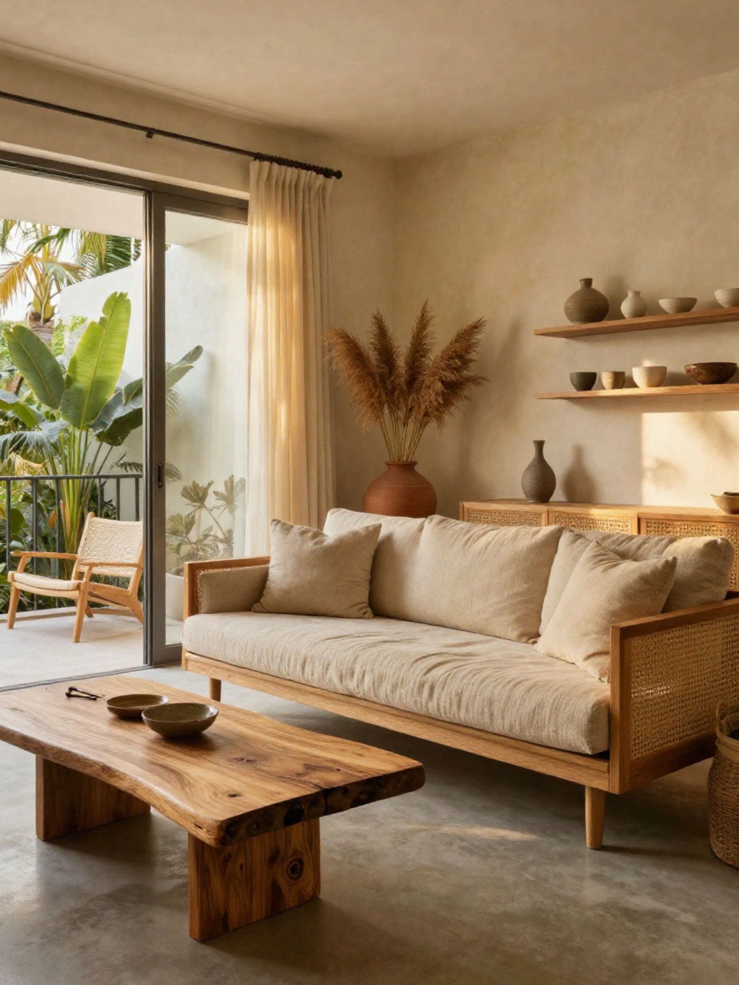 Không gian phòng khách Wabi Sabi mộc mạc tĩnh lặng