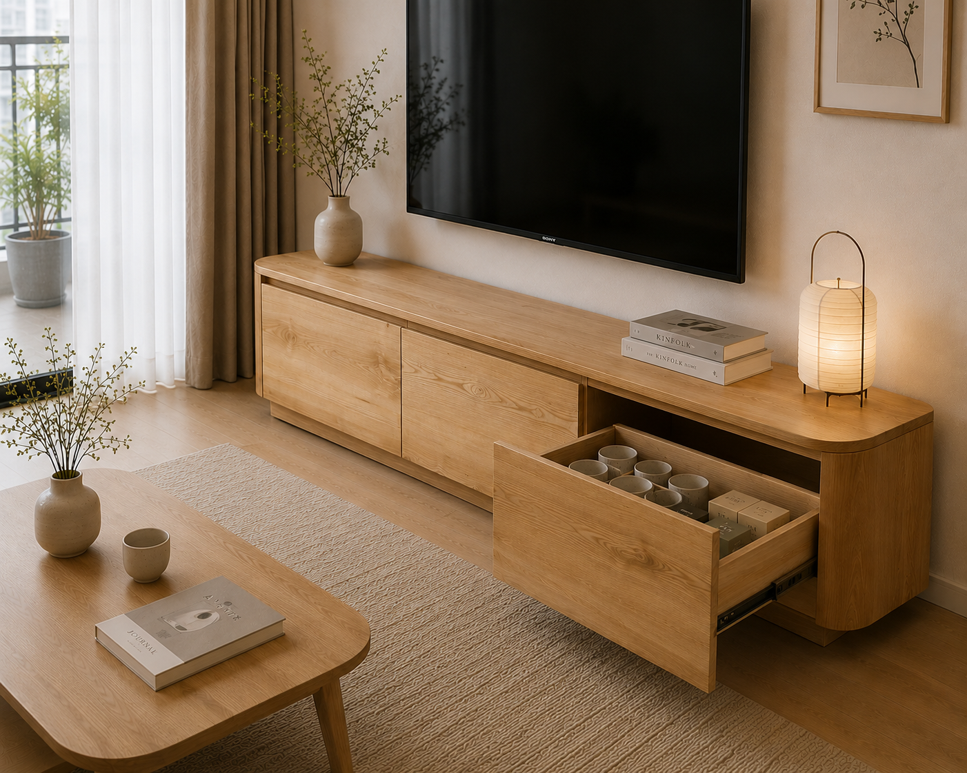 Thiết kế kệ tivi Japandi hiện đại kết hợp đường nét tối giản và chất liệu gỗ tần bì tự nhiên tạo cảm giác ấm áp cho phòng khách