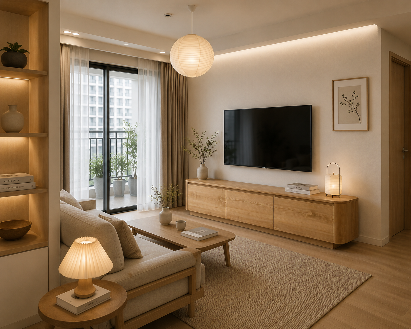 Kệ tivi Japandi gỗ tần bì KT0010 sở hữu kiểu dáng bo cong tinh tế, màu gỗ sáng hiện đại phù hợp không gian nội thất Scandinavian và Minimalist