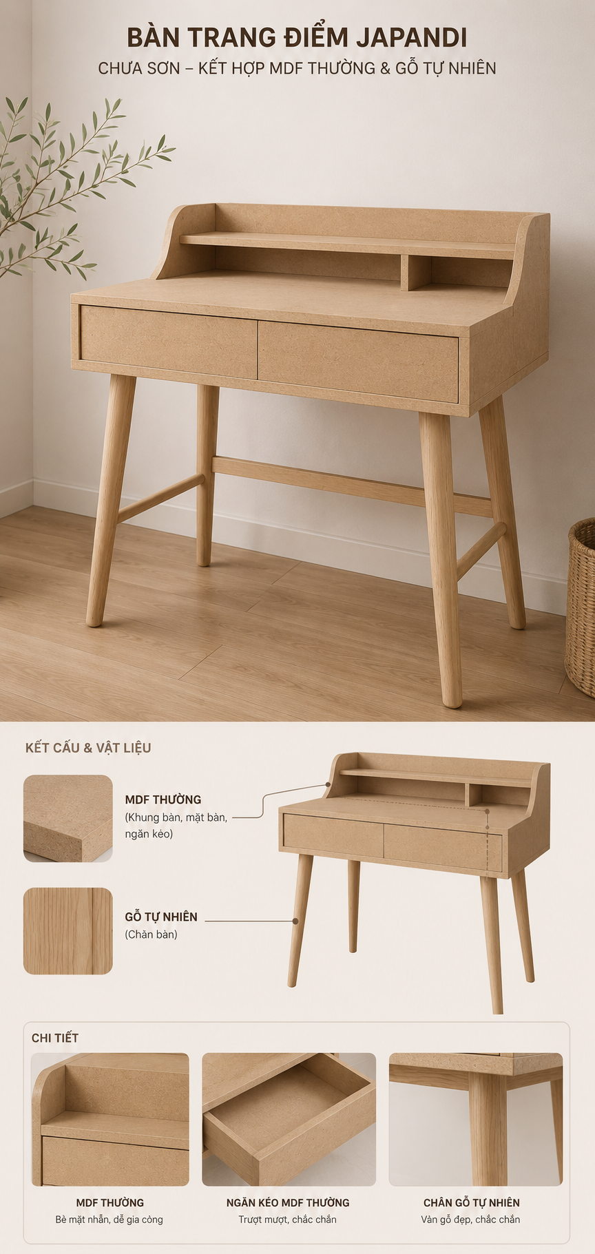 Ứng dụng kết hợp gỗ tự nhiên và MDF trong không gian tối giản