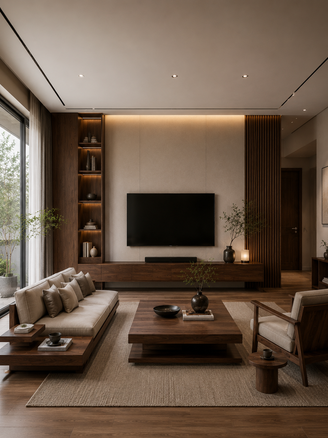 Nội thất phòng khách gỗ óc chó walnut japandi hiện đại