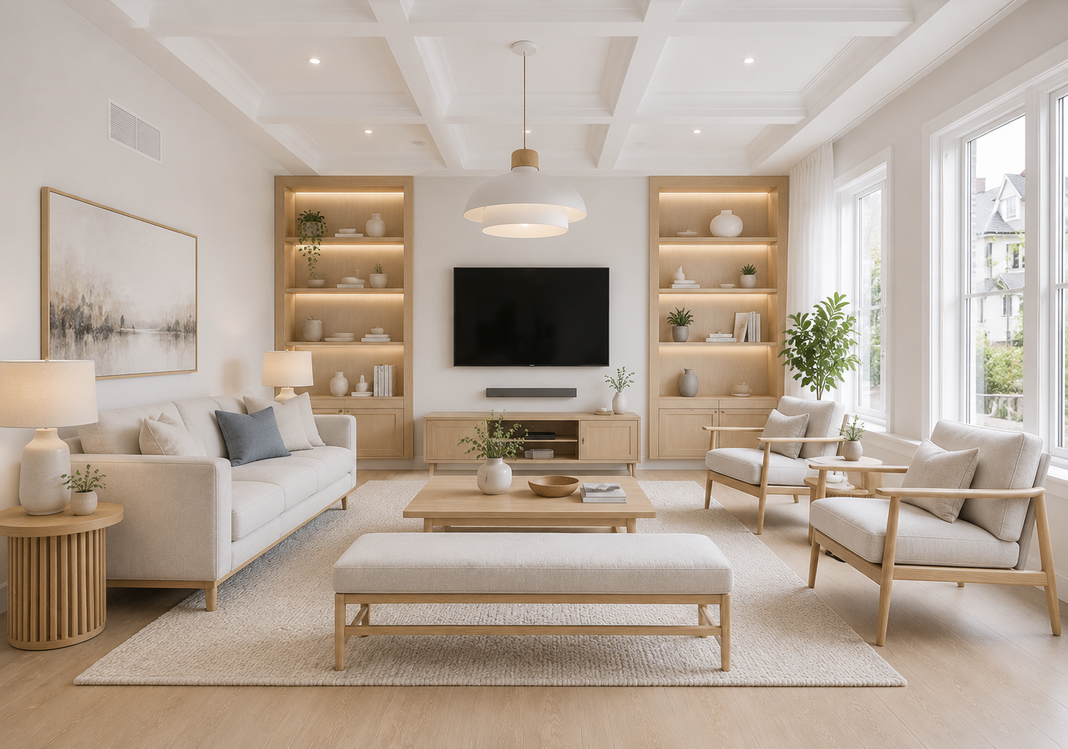 Tổng thể không gian phòng khách thiết kế theo phong cách nội thất Scandinavian