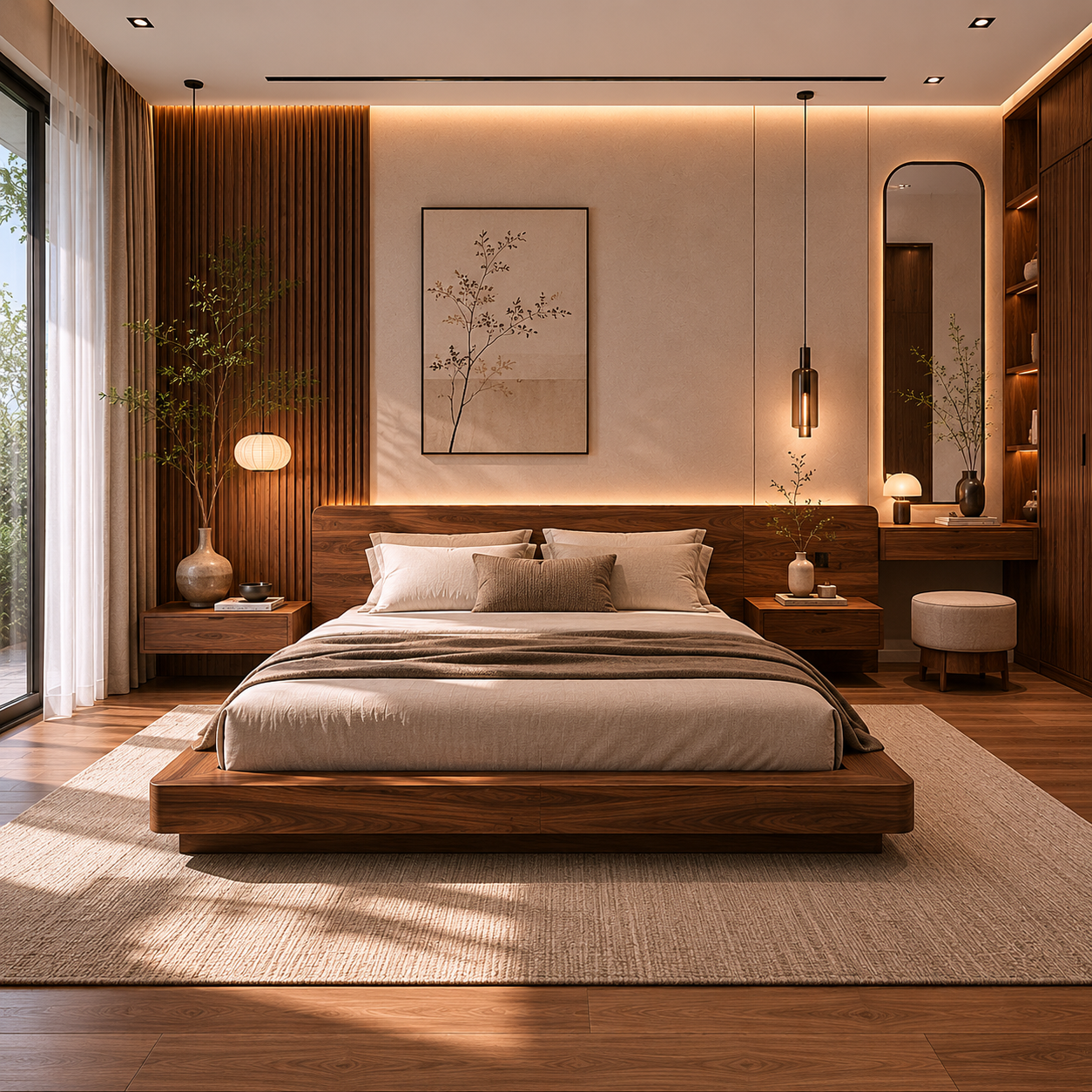 Phòng ngủ gỗ walnut japandi hiện đại