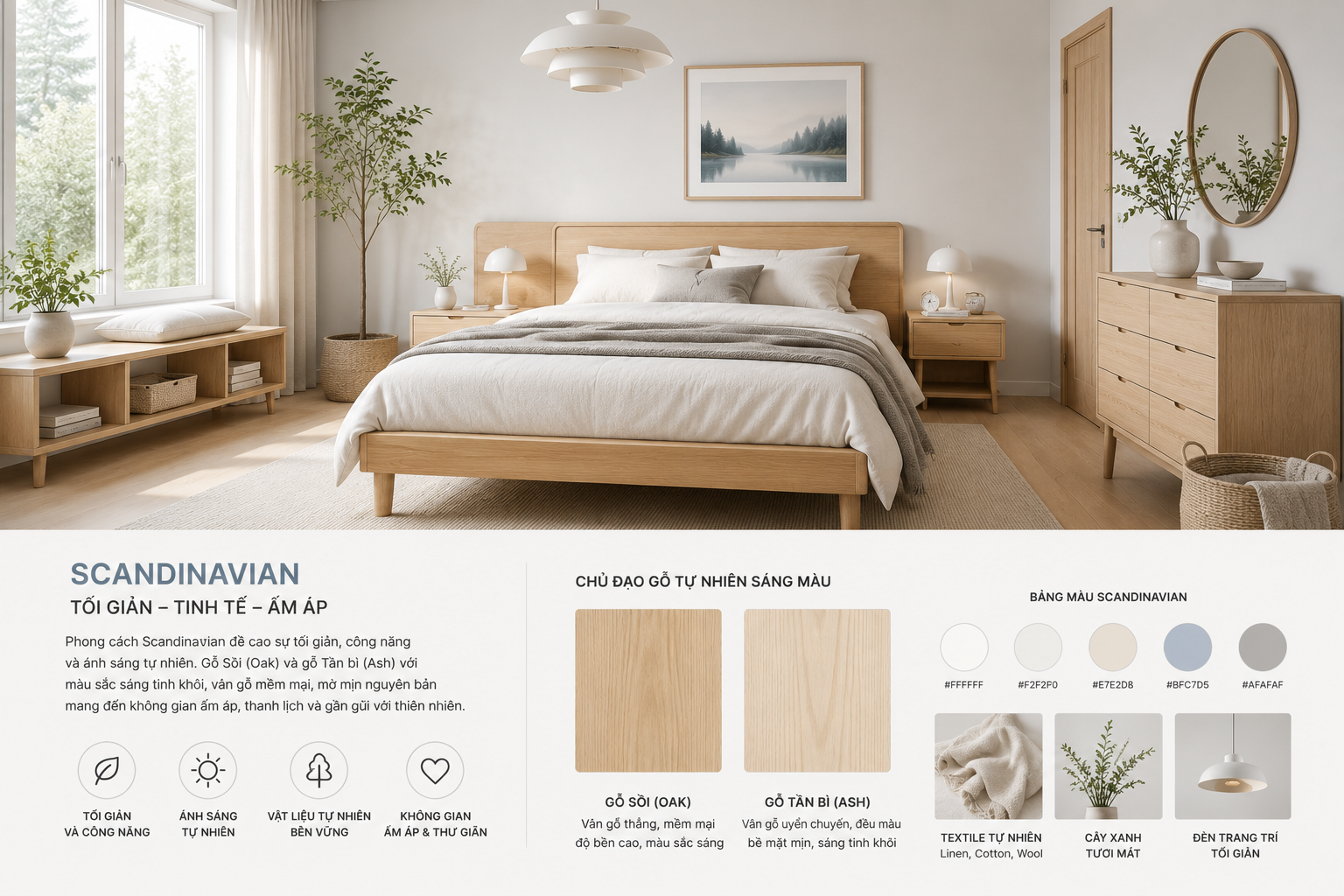 Hệ vật liệu gỗ sồi sáng màu và vải nỉ bố mộc mạc