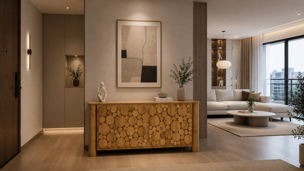 Mẫu tủ sideboard nghệ thuật Orbit Ash SB0014 với họa tiết vòng tròn nổi bật, phù hợp trang trí phòng khách, phòng ăn hoặc hành lang căn hộ theo phong cách tối giản cao cấp