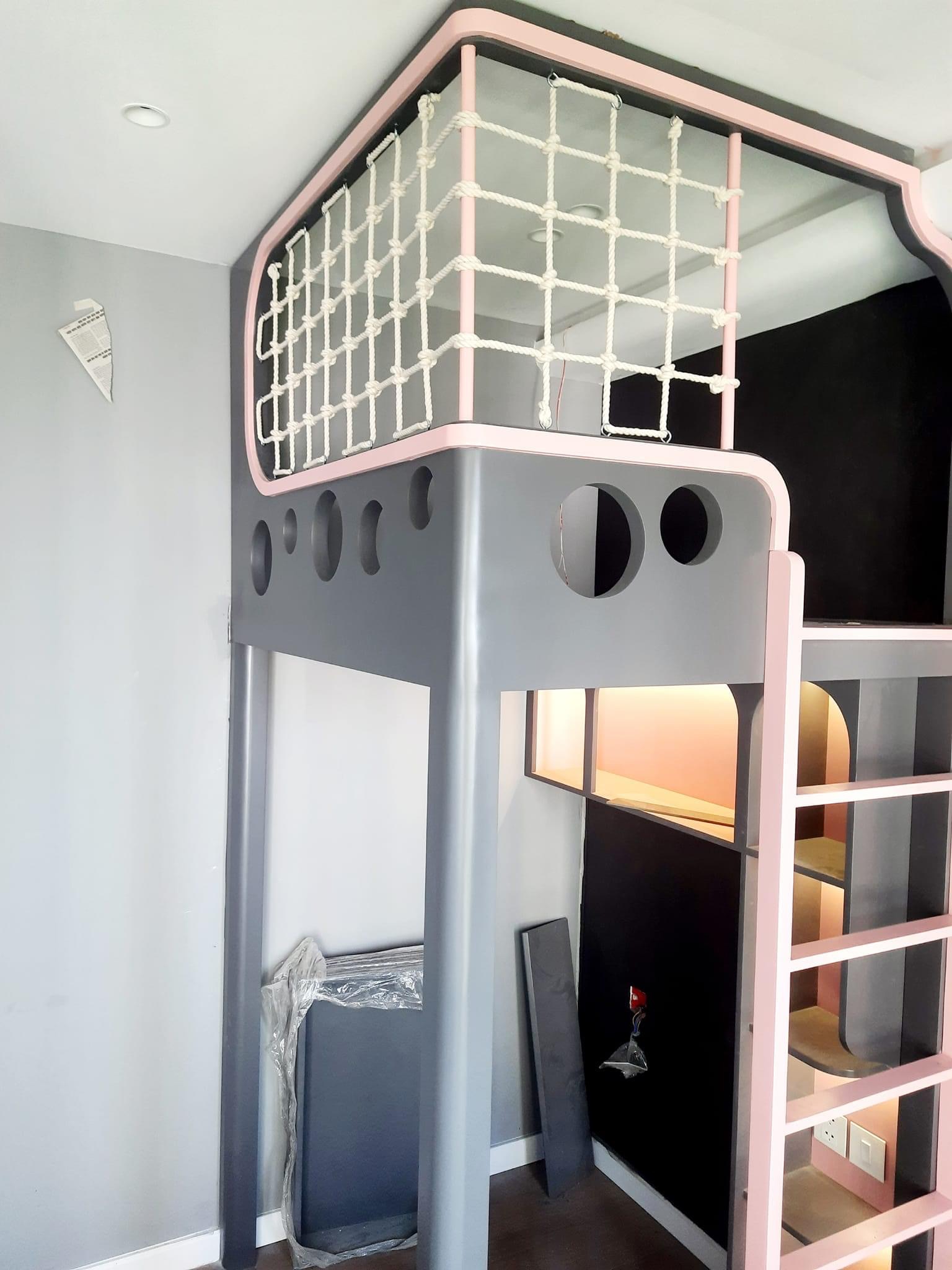 Thi công phòng ngủ trẻ em hiện đại với giường tầng MDF sơn 2K, kết hợp bàn học liền kệ và hệ lưu trữ thông minh tối ưu diện tích