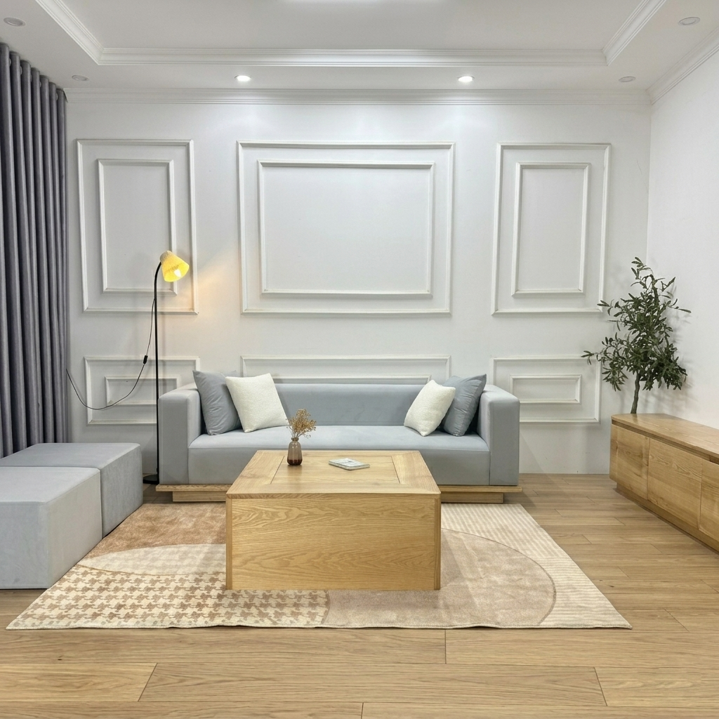 Sofa được đặt cùng với bàn trà gỗ nguyên khối và thảm cói tròn. Phía sau là kệ tủ trang trí có đèn LED âm tủ. Bối cảnh đầy đủ giúp khách hàng hình dung được cách bài trí SF0033 trong một căn hộ chung cư thực tế theo phong cách Japandi.