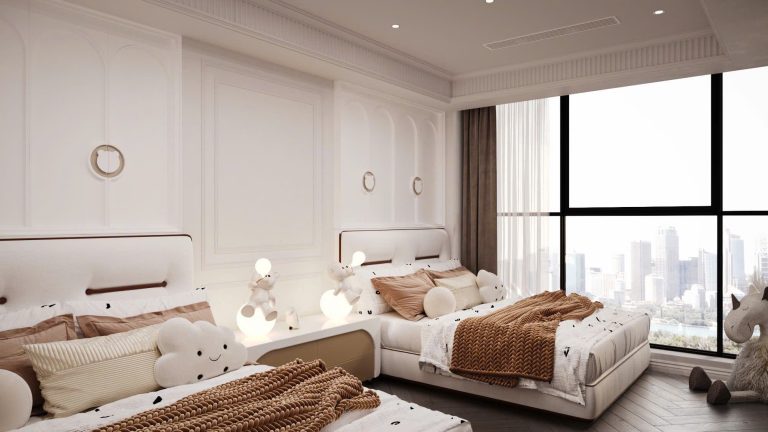 Thiết kế phòng ngủ đôi cho 2 bé với tone kem nhẹ nhàng, giường bọc vải cao cấp và nội thất gỗ MDF Thái Lan sơn 2K sang trọng.
