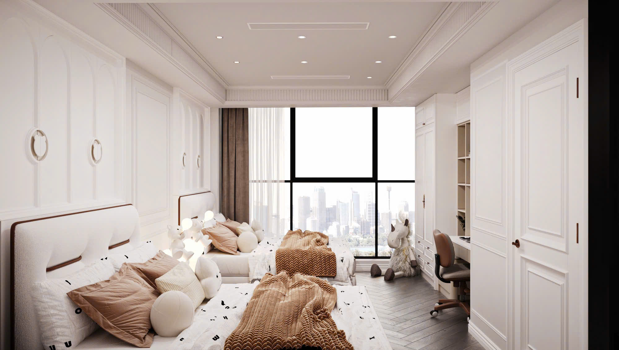 Thiết kế nội thất phòng ngủ đôi hiện đại cho bé sử dụng gỗ MDF Thái Lan sơn công nghiệp 2K kết hợp giường bọc vải mềm mại.