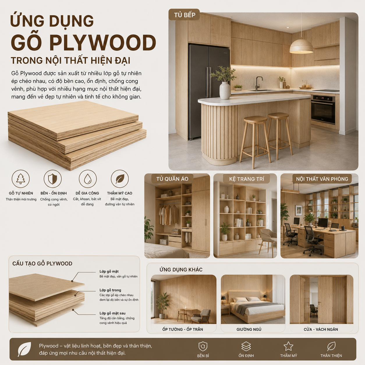 Nội thất làm từ gỗ Plywood phủ veneer sồi tự nhiên thanh lịch gọn gàng
