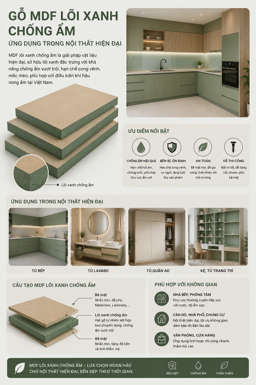 ứng dụng mdf lõi xanh chống ẩm trong nội thất hiện đại