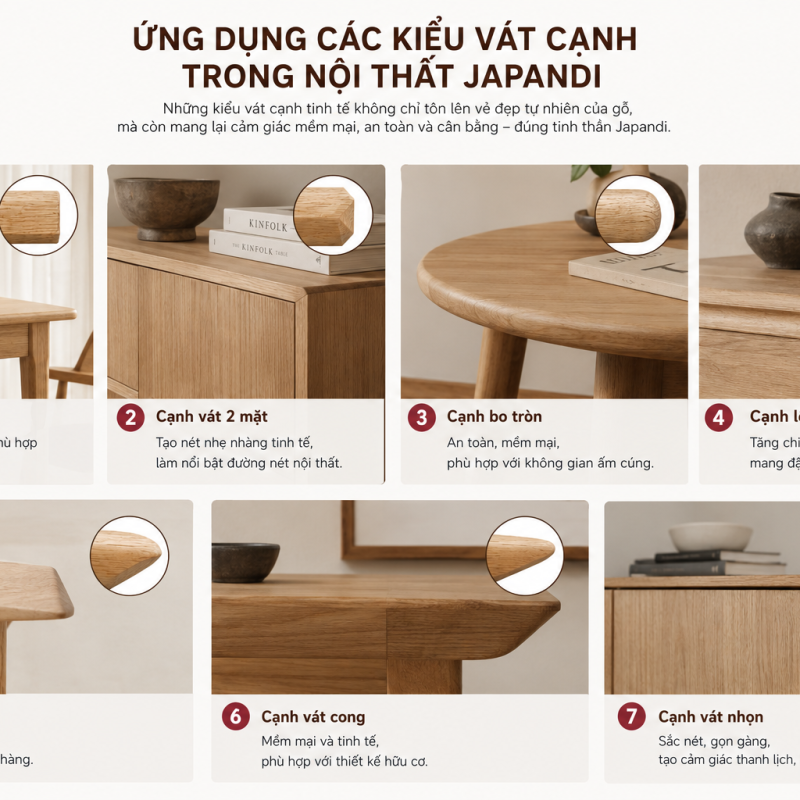 ứng dụng vát cạnh gỗ tự nhiên phong cách nội thất japandi
