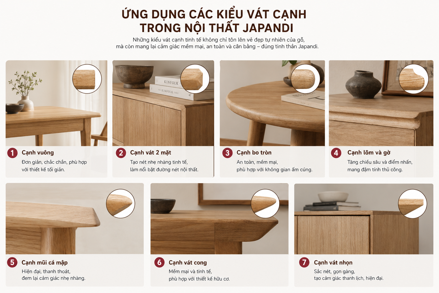 ứng dụng vát cạnh gỗ tự nhiên phong cách nội thất japandi