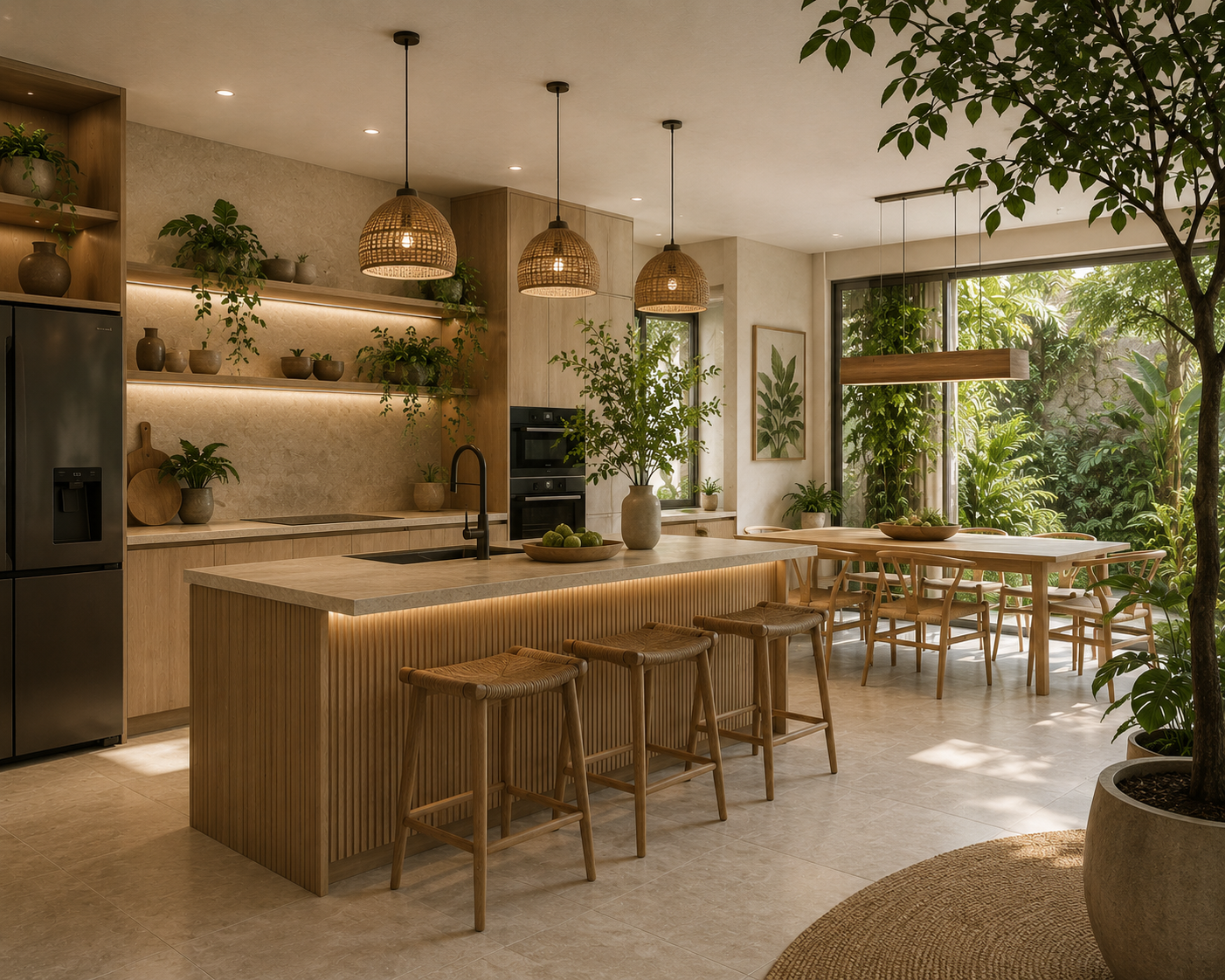 Phòng bếp Biophilic Design với tủ gỗ, ánh sáng tự nhiên và cây xanh