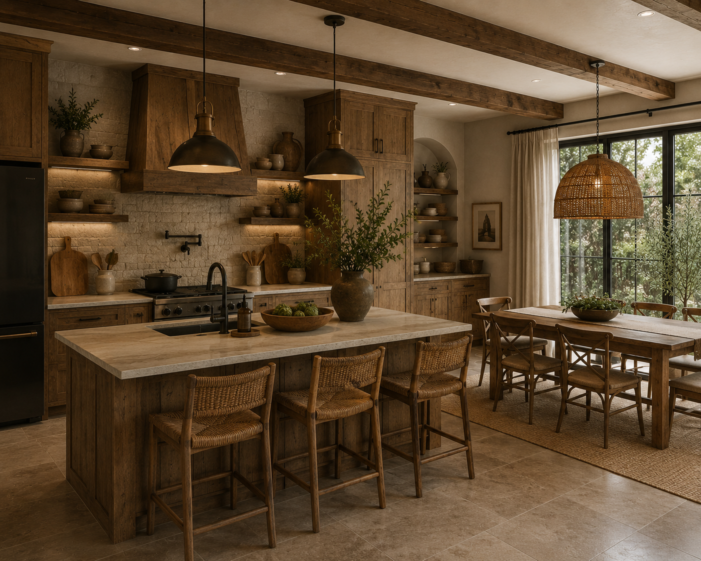 Phòng bếp Modern Rustic với hệ tủ gỗ, đảo bếp đá và đèn thả ấm