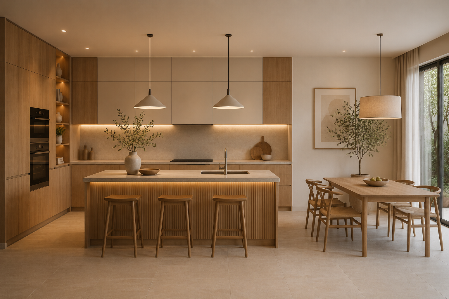 Phòng bếp Warm Minimalism với hệ tủ gọn và màu gỗ ấm