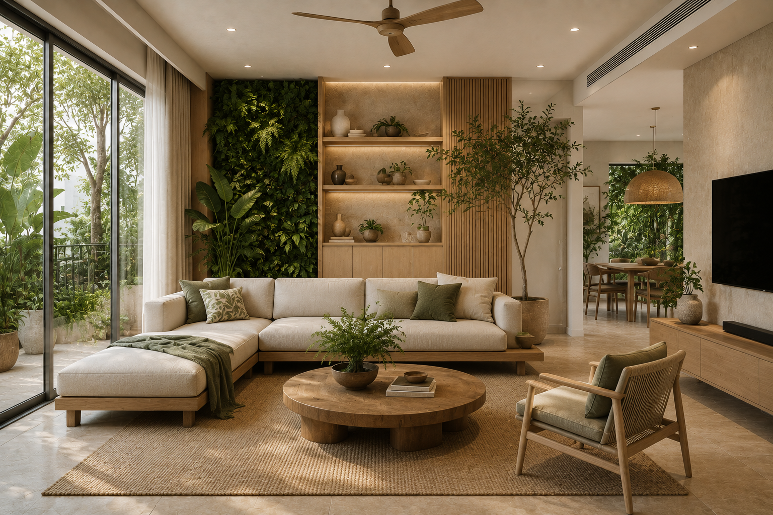 Phòng khách phong cách Biophilic Design với cây xanh, ánh sáng tự nhiên và gỗ sáng