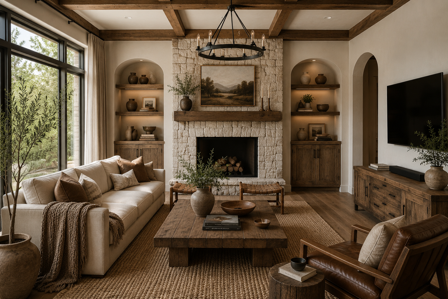 Phòng khách phong cách Modern Rustic với gỗ tự nhiên, sofa màu kem và ánh sáng ấm