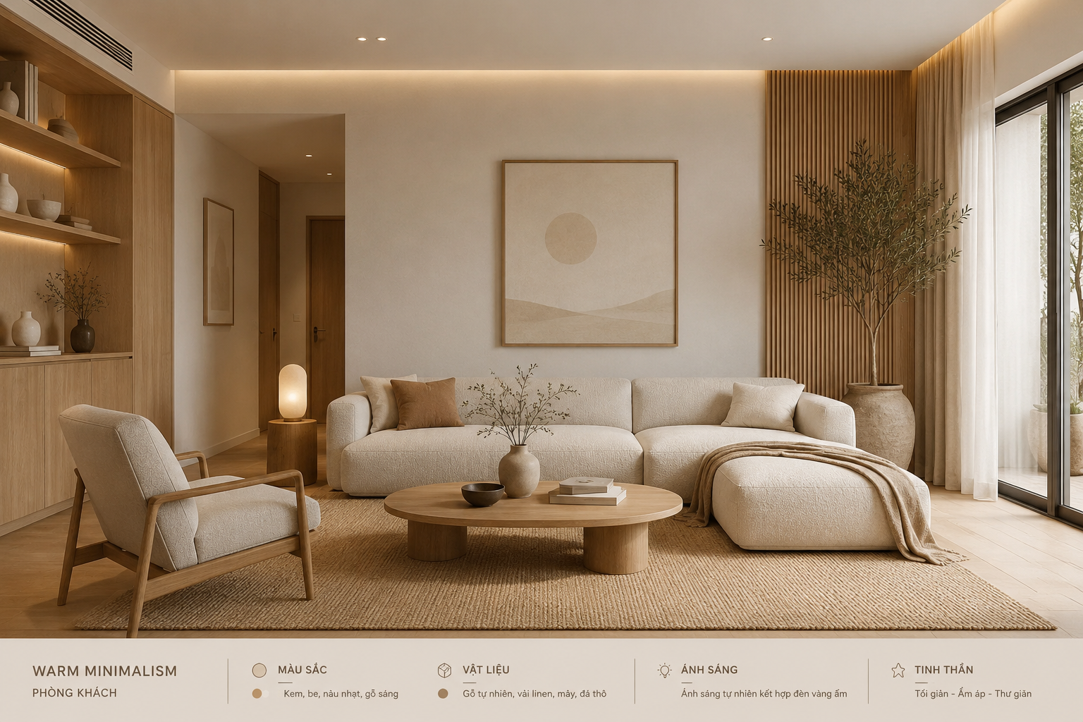 Phòng khách phong cách Warm Minimalism với sofa màu kem và gỗ sáng