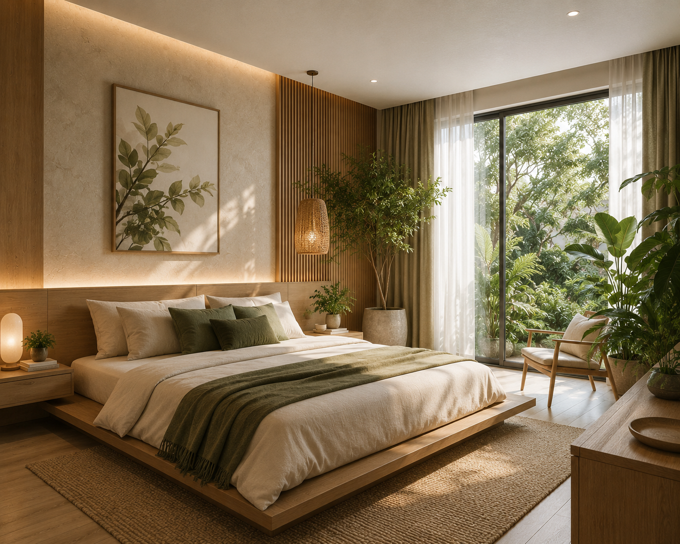 Phòng ngủ Biophilic Design với màu tự nhiên, vải thô và ánh sáng dịu