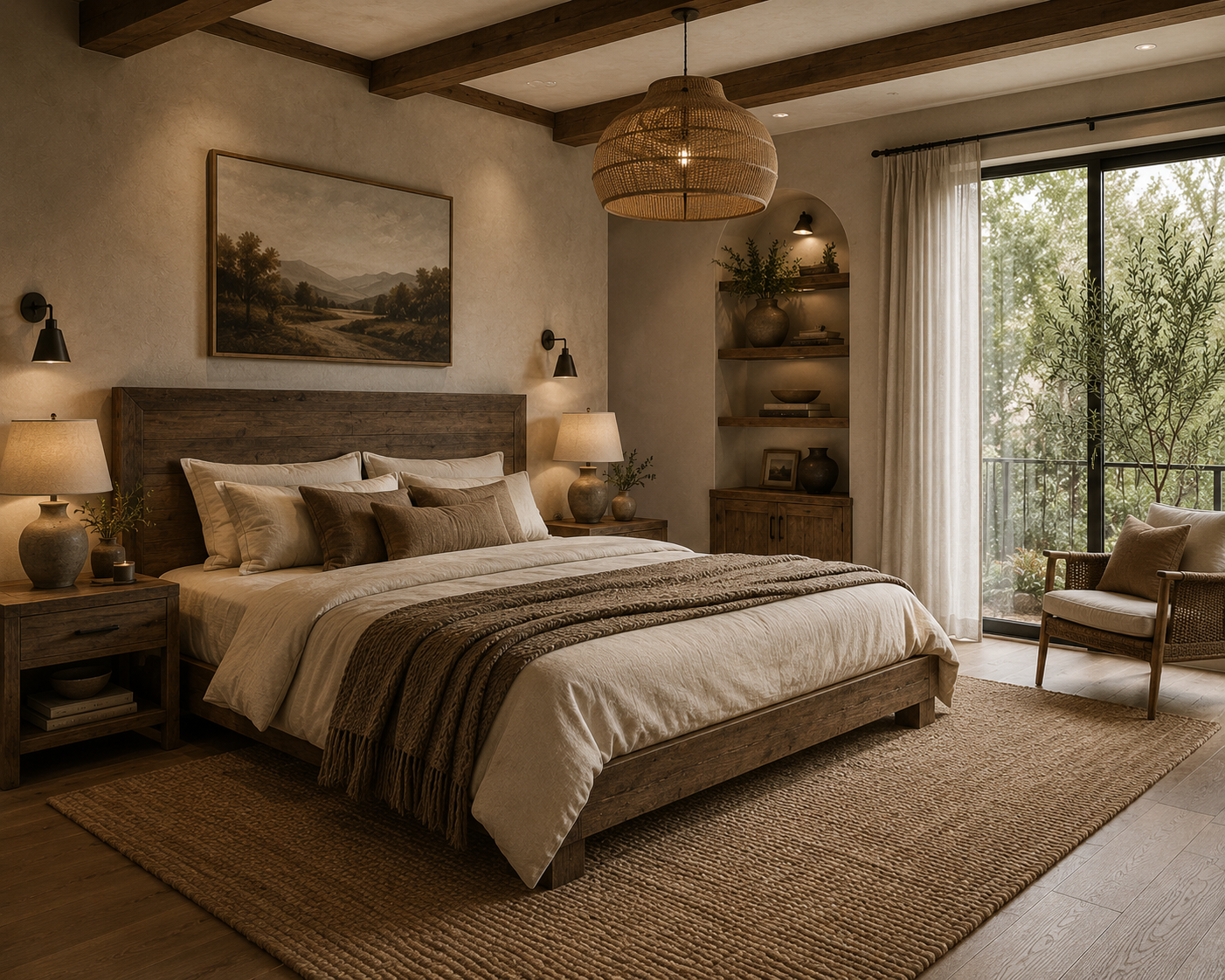 Phòng ngủ Modern Rustic với màu đất, gỗ tự nhiên và vải linen