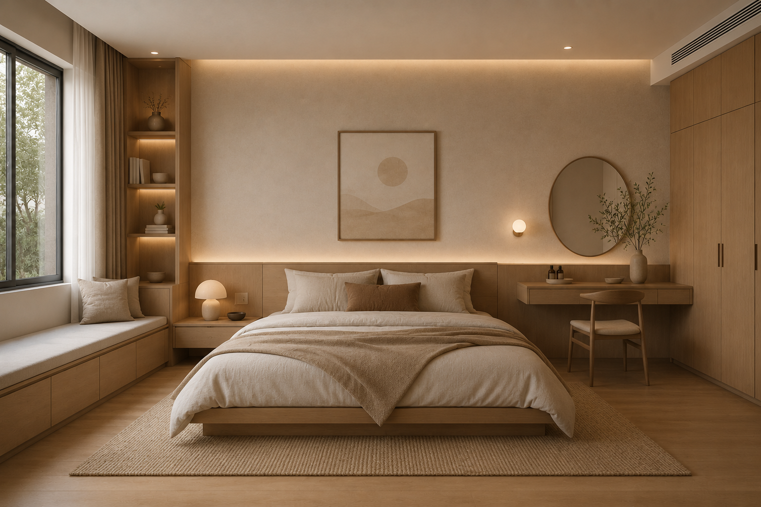 Phòng ngủ Warm Minimalism màu be ấm và vật liệu tự nhiên