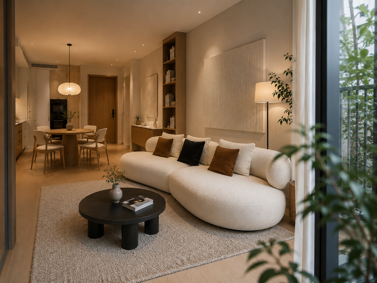 Chi tiết tay bo tròn và bề mặt vải Bouclé của sofa Scandinavian
