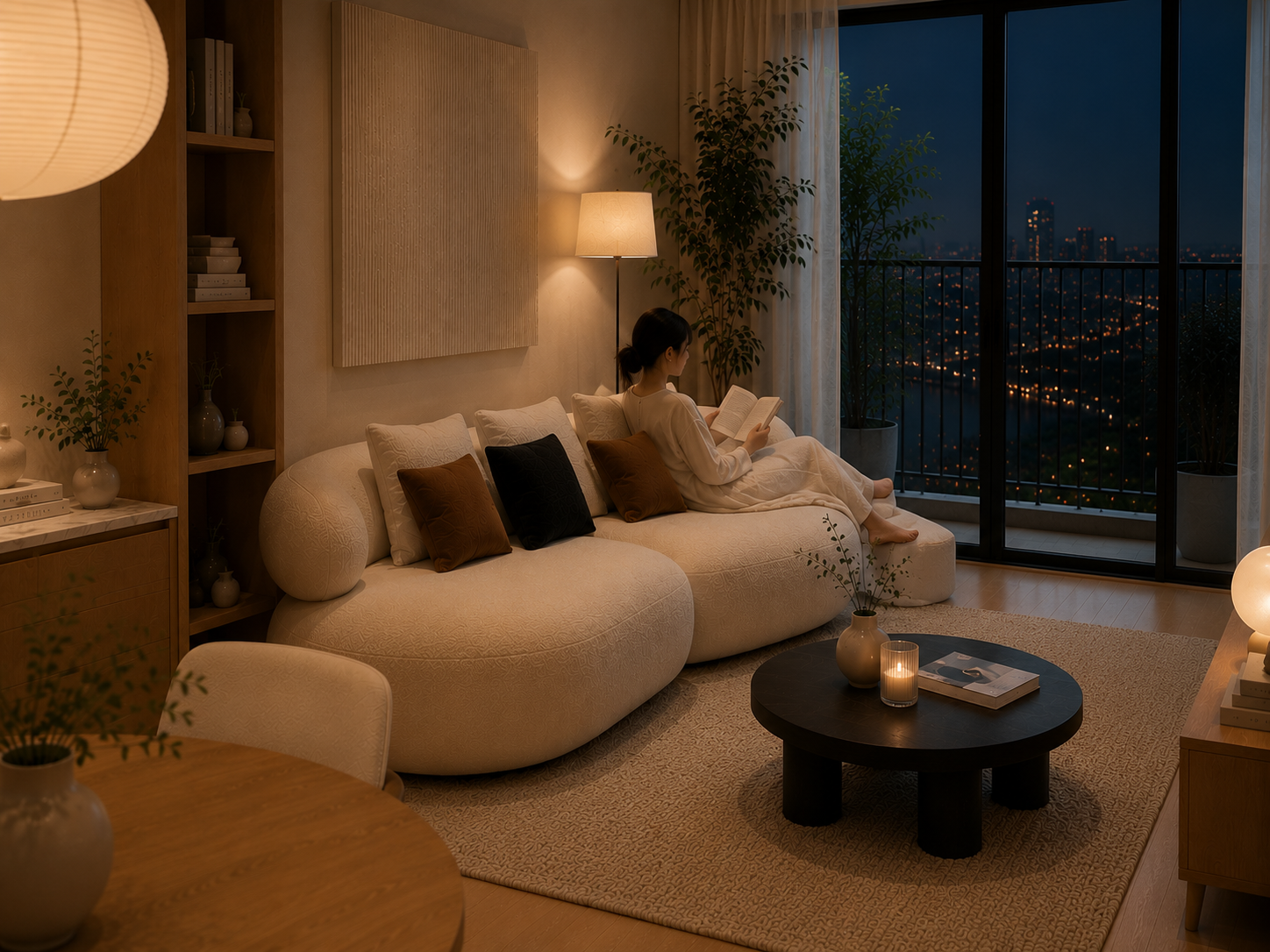 Người phụ nữ đọc sách trên sofa Scandinavian bo tròn bên cửa kính căn hộ