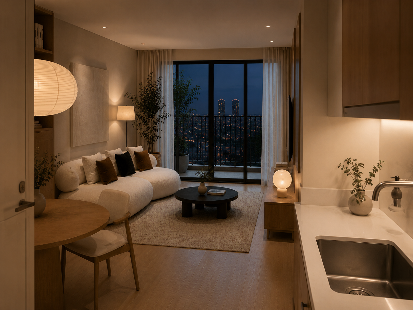 Góc nhìn trên cao phòng khách Scandinavian với sofa bo tròn và bàn trà đen