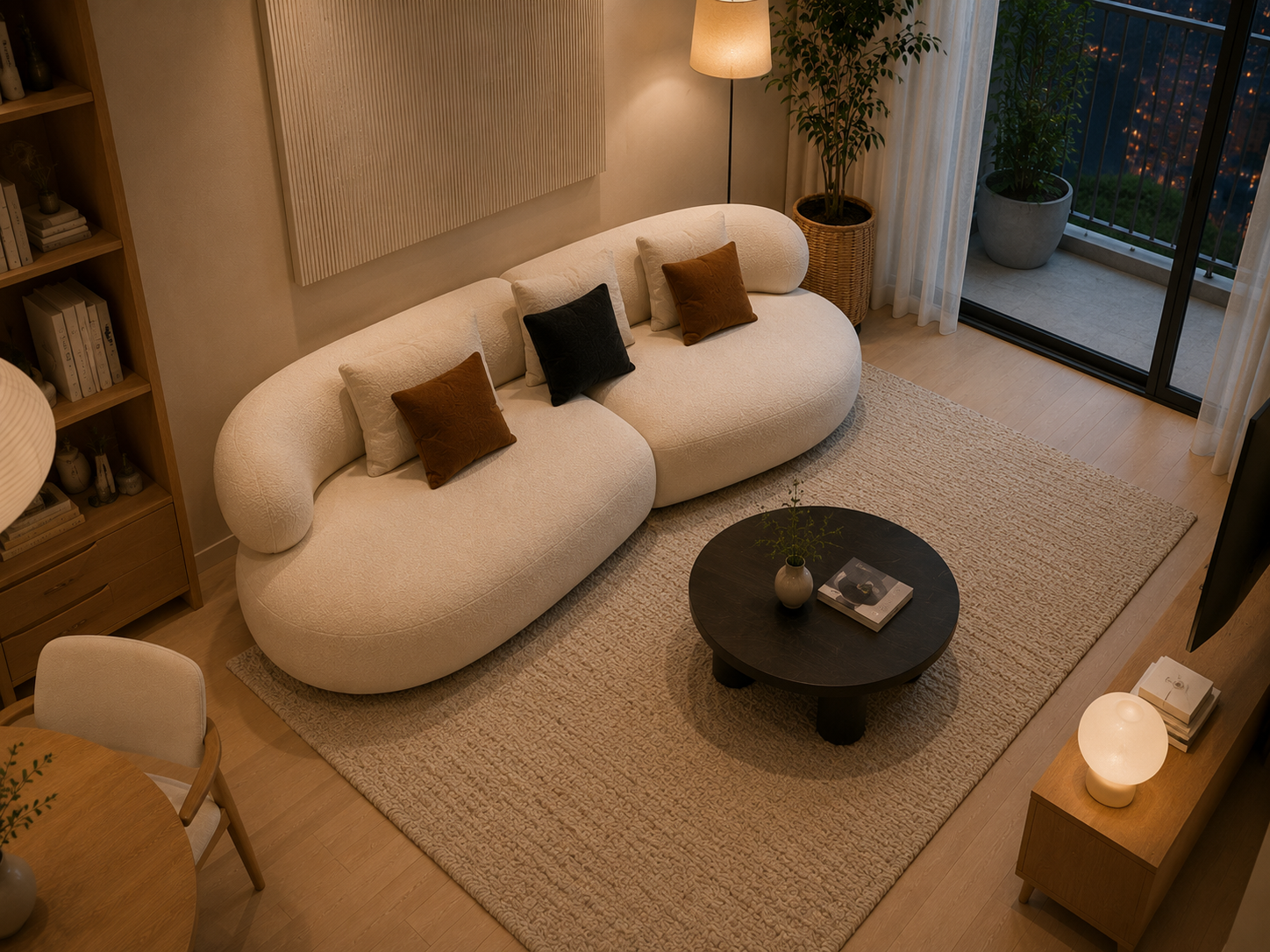 Góc nhìn từ cửa kính vào phòng khách Scandinavian với sofa bo tròn dài 2,5m